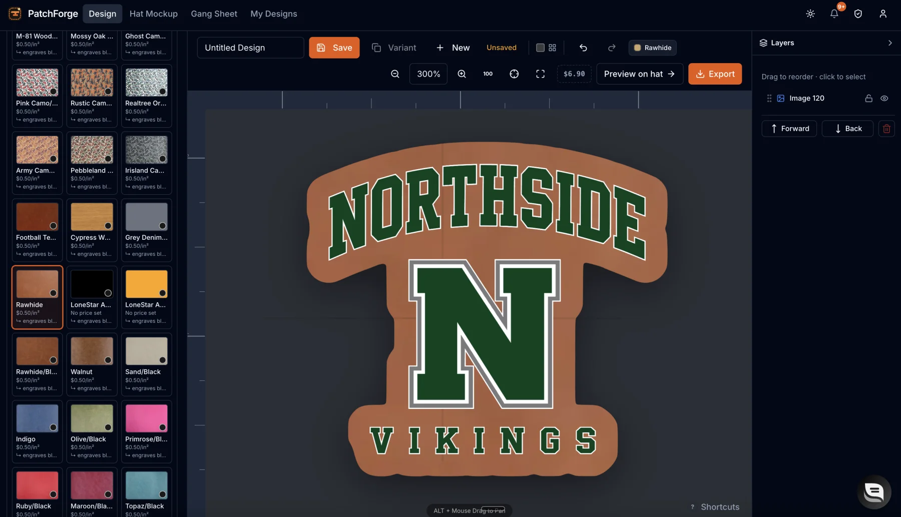 The PatchForge design builder printing a full-color school logo patch with the material panel open
