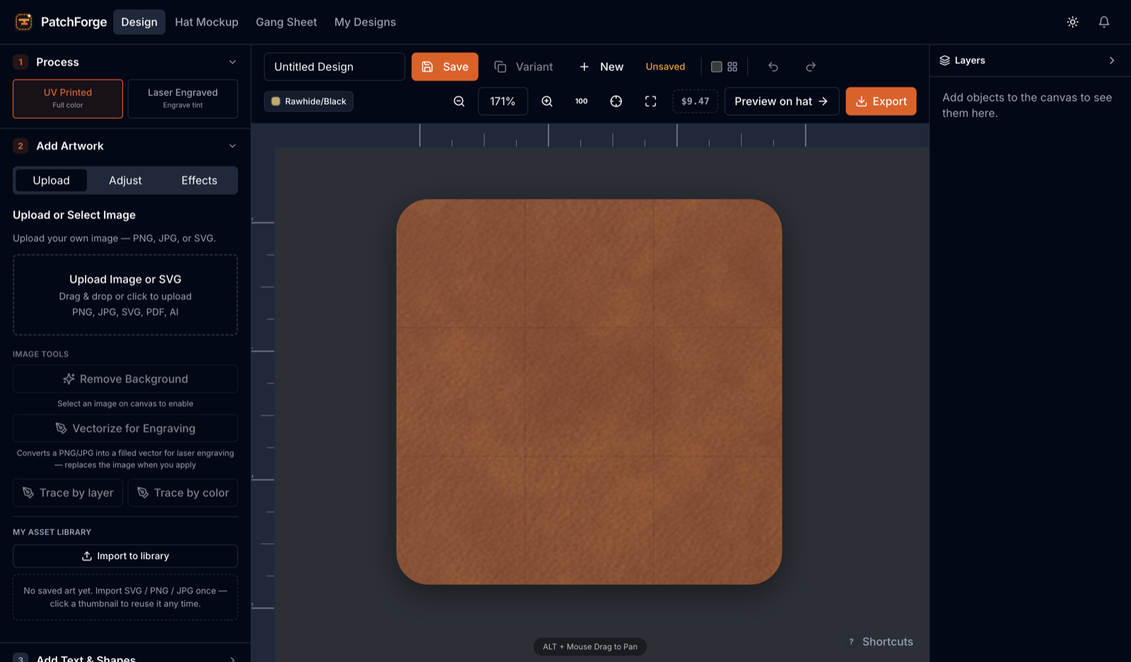 The PatchForge patch builder with a leather patch and live price